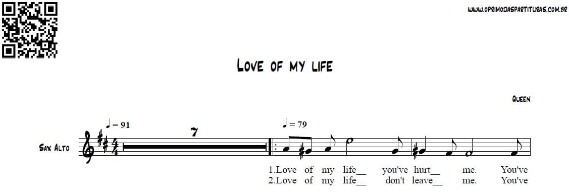 Love Of My Life Partitura Sax Alto - O Primo das Partituras